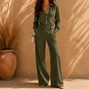 Damen Zweiteiliges Business-Hosenanzug-Set mit Hemdbluse und weiter Bundfaltenhose Nord Taschen – Armeegrün