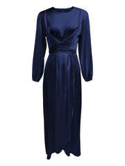 Damen Elegantes Maxikleid aus Satin mit Wickel-Detail, Langarm und Taillenband Nord Taschen – Marineblau