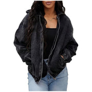 Damen Oversize Jeansjacke mit Kapuze, Reißverschluss und gerafftem Saum Nord Taschen – Schwarz