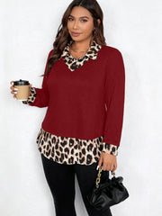 Damen Lagenlook-Pullover mit V-Ausschnitt und Leoprint-Blusen-Einsatz Nord Taschen – Rot - Sofortversand