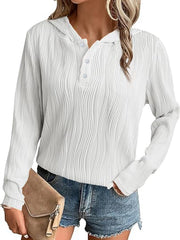 Damen Geripptes Kapuzen-Henleyshirt mit Knopfleiste und leichter Struktur Nord Taschen – Weiß - Sofortversand