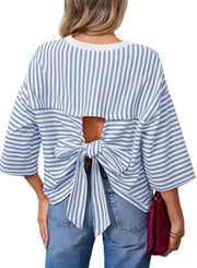 Damen Gestreiftes Oversize-Shirt mit Rückenausschnitt und Schleifenbindung Nord Taschen – Himmelblau
