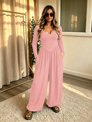 Damen Langer Jumpsuit mit weitem Bein, tiefem Rundhals und Eingrifftaschen Nord Taschen – Rosa