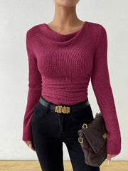 Damen Gerippter Taillierter Feinstrickpullover mit Raffung Nord Taschen – Fuchsia