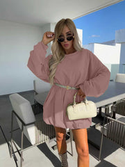 Damen Sweatkleid mit Ballonärmeln und Taillengürtel Nord Taschen – Rosa - Versand heute