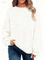 Damen Oversize Strukturstrick-Pullover mit Brusttasche Nord Taschen – Weiß - Sofortversand