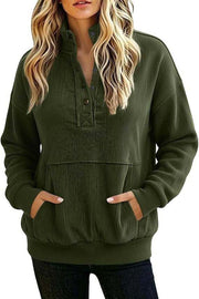 Damen gerippter Henley-Pullover mit Stehkragen und Kängurutasche Nord Taschen – Armeegrün