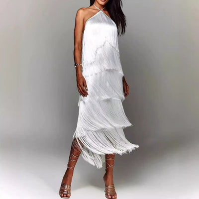 Neckholder-Kleid mit Fransen | Mehrlagiges Design | Eleganter Schwung