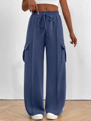 Damen Weite Cargo-Loungehose mit Tunnelzugbund und aufgesetzten Pattentaschen Nord Taschen – Meerblau - Sofortversand