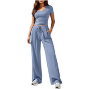 Damen Lässiges Lounge-Set mit tailliertem V-Ausschnitt bauchfreiem Top und weitem Kordelbund-Hose Nord Taschen – Himmelblau