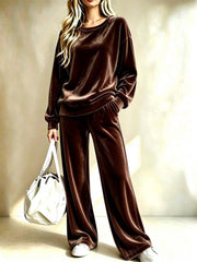 Damen Weiches Velours-Loungewear-Set mit weitem Bein und Rundhalsausschnitt Nord Taschen – Braun