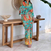 Damen Gemustertes Kimono-Lounge-Set mit weitem Palazzohose aus leichtem Viskose-Mix Nord Taschen – Sommerprint