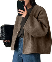 Damen Kurz geschnittene Oversize Wolljacke mit kastigem Schnitt und Ein-Knopf-Verschluss Nord Taschen – Braun