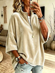 Damen Oversize Samt-Pullover mit kurzem Reißverschluss und Stehkragen Nord Taschen – Apricot