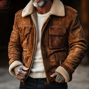 Herren Fliegerjacke aus Veloursleder mit Teddyfutter und aufgesetzten Pattentaschen Nord Taschen – Dunkelbraun