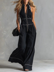 Damen Ärmelloser Halter-Jumpsuit mit Reißverschluss, weitem Bein und Eingrifftaschen Nord Taschen – Schwarz