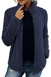Damen kuschelige Teddy-Fleecejacke mit Stehkragen und Reißverschluss Nord Taschen – Marineblau