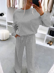 Damen Casual-Loungewear-Set mit Oversize-Batwing-Pullover und weitem Jersey-Hosenbein Nord Taschen – Grau meliert - Sofortversand
