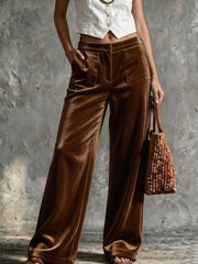 Damen Weite Samt-Palazzohose mit hoher Taille und aufgesetzten Taschen Nord Taschen – Kaffeebraun