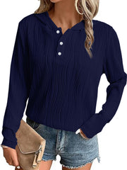 Damen Geripptes Kapuzen-Henleyshirt mit Knopfleiste und leichter Struktur Nord Taschen – Marineblau - Sofortversand