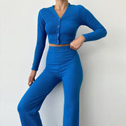 Damen Enganliegendes Crop Top Und High Waist Hosen Set – Zweiteiler Mit Knöpfen – Blau
