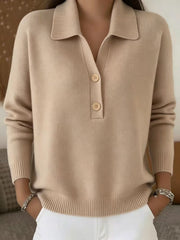 Damen lässiger Feinstrickpullover mit Polokragen und Zwei-Knopf-Leiste Nord Taschen – Apricot