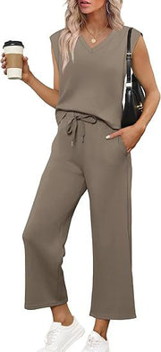 Damen Lässiges Zweiteiliges Lounge-Set mit Ärmellosem V-Neck-Top und Weiten Kordelbund-Hosen Nord Taschen – Khaki
