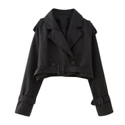 Damen Gekürzte Trenchjacke mit Taillengürtel, Schulterklappen und verstellbaren Ärmelriemen Nord Taschen – Schwarz