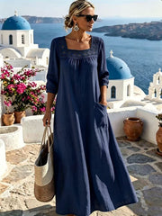 Damen Maxikleid mit gehäkeltem Quadrat-Ausschnitt, dreiviertel Ärmeln und Eingrifftasche Nord Taschen – Marineblau