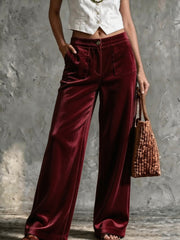 Damen Weite Samt-Palazzohose mit hoher Taille und aufgesetzten Taschen Nord Taschen – Weinrot