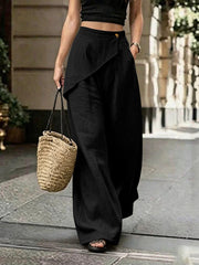 Damen Leichte Leinenhose mit Wickel-Front und weitem Bein Nord Taschen – Schwarz