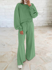 Damen Kurzpullover- und Palazzohose Lounge-Set mit Ballonärmeln Nord Taschen – Grün