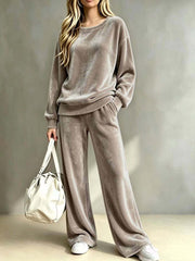 Damen Weiches Velours-Loungewear-Set mit weitem Bein und Rundhalsausschnitt Nord Taschen – Khaki