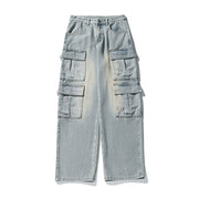 Unisex weite Cargo-Jeanshose mit hoher Taille, mehreren Klappentaschen und geradem Bein Nord Taschen – Blau
