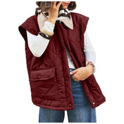 Damen Oversize Steppweste mit Druckknopf-Taschen und hohem Kragen Nord Taschen – Dunkelrot