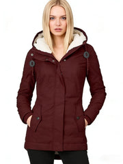 Damen Wasserabweisender Parka mit Teddyfutter, Kapuze und Taillierter Passform Nord Taschen – Weinrot 【mit Druckknopf】