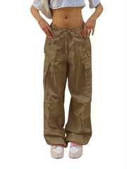 Damen Weite Cargo-Hose aus leichtem Funktionsstoff mit Tunnelzug und Pattentaschen Nord Taschen – Khaki
