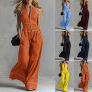 Damen Ärmelloser Halter-Jumpsuit mit Reißverschluss, weitem Bein und Eingrifftaschen Nord Taschen – Gewicht S:310g–360g