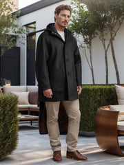 Herren Kapuzenmantel aus Wollmix mit gerader Silhouette, verdeckter Knopfleiste und großen Aufgesetzten Taschen Nord Taschen – Schwarz