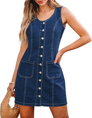 Damen Ärmelloses Jeans-Minikleid mit durchgehender Knopfleiste und aufgesetzten Taschen Nord Taschen – Dunkelblau