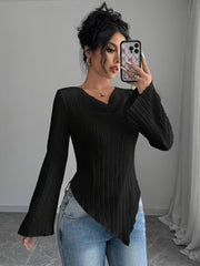 Damen Asymmetrischer Gerippter Feinstrickpullover mit V-Ausschnitt Nord Taschen – Schwarz