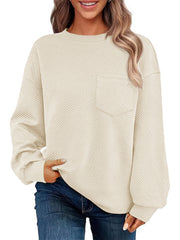 Damen Oversize Strukturstrick-Pullover mit Brusttasche Nord Taschen – Apricot - Sofortversand