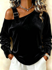 Damen Samt-Sweatshirt mit asymmetrischem Carmen-Ausschnitt und Zierschnalle Nord Taschen – Schwarz