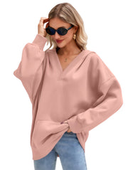 Damen Oversize V-Ausschnitt Hoodie mit Kapuze, Kängurutasche und verlängertem Saum Nord Taschen – Rosa