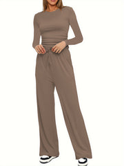 Damen Figurbetontes Longsleeve mit seitlicher Raffung und High-Waist Palazzo-Jogginghose Set Nord Taschen – Khaki