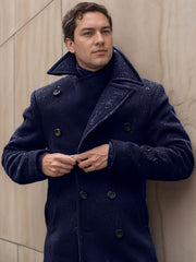 Herren Doppelreihiger Wollmantel mit hohem Stehkragen und taillierter Silhouette Nord Taschen – Marineblau