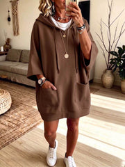 Damen Oversize Hoodie-Kleid mit Kängurutaschen und halblangen Ärmeln Nord Taschen – Braun