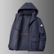 Herren gefütterte Softshell-Winterjacke mit Kapuze und Multifunktionstaschen – Dunkelblau