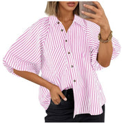 Damen Oversize Hemdbluse mit Ballonärmeln und vertikalem Streifenmuster Nord Taschen – Pink