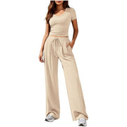 Damen Lässiges Lounge-Set mit tailliertem V-Ausschnitt bauchfreiem Top und weitem Kordelbund-Hose Nord Taschen – Apricot